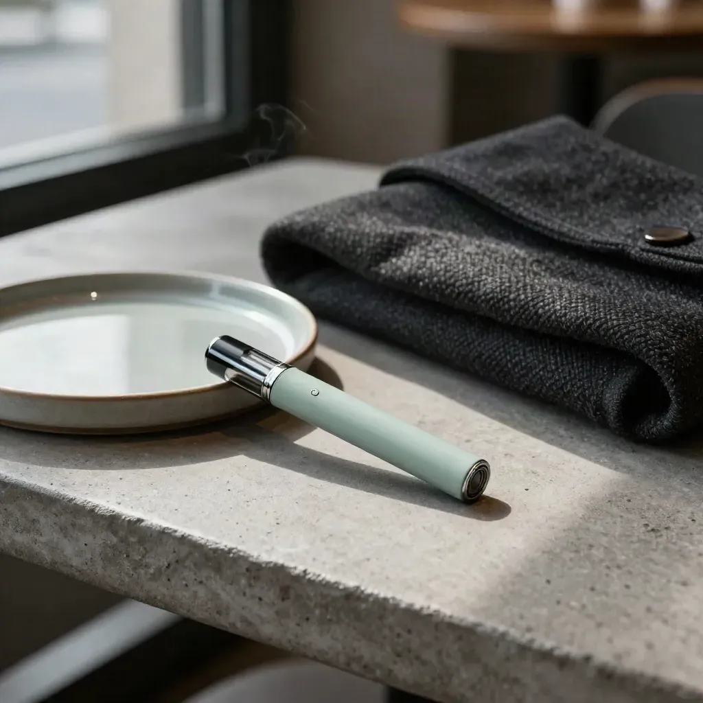 Disposable vape pen and cartridge beside a ceramic tray and folded coat on a concrete cafe table.