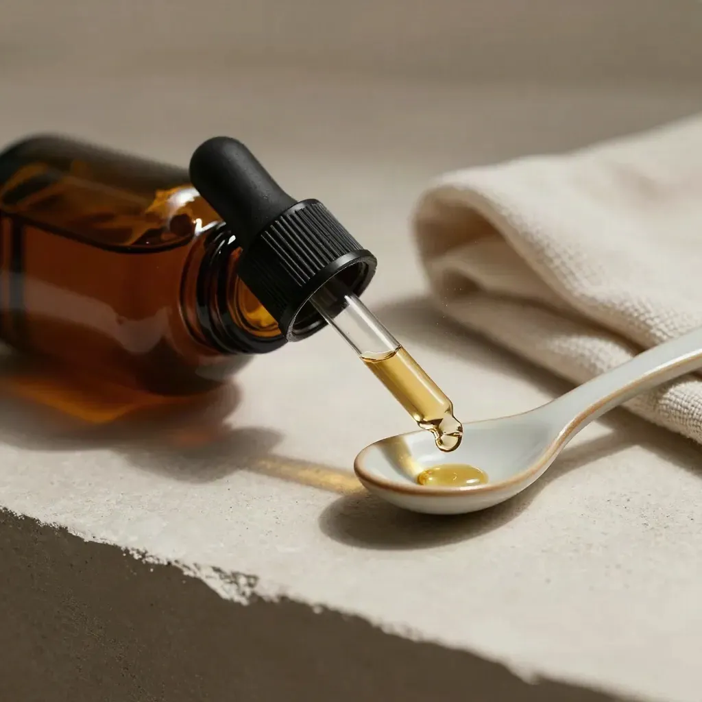 Top-down tincture bottle, dropper, ceramic spoon, and cloth on a plaster counter.