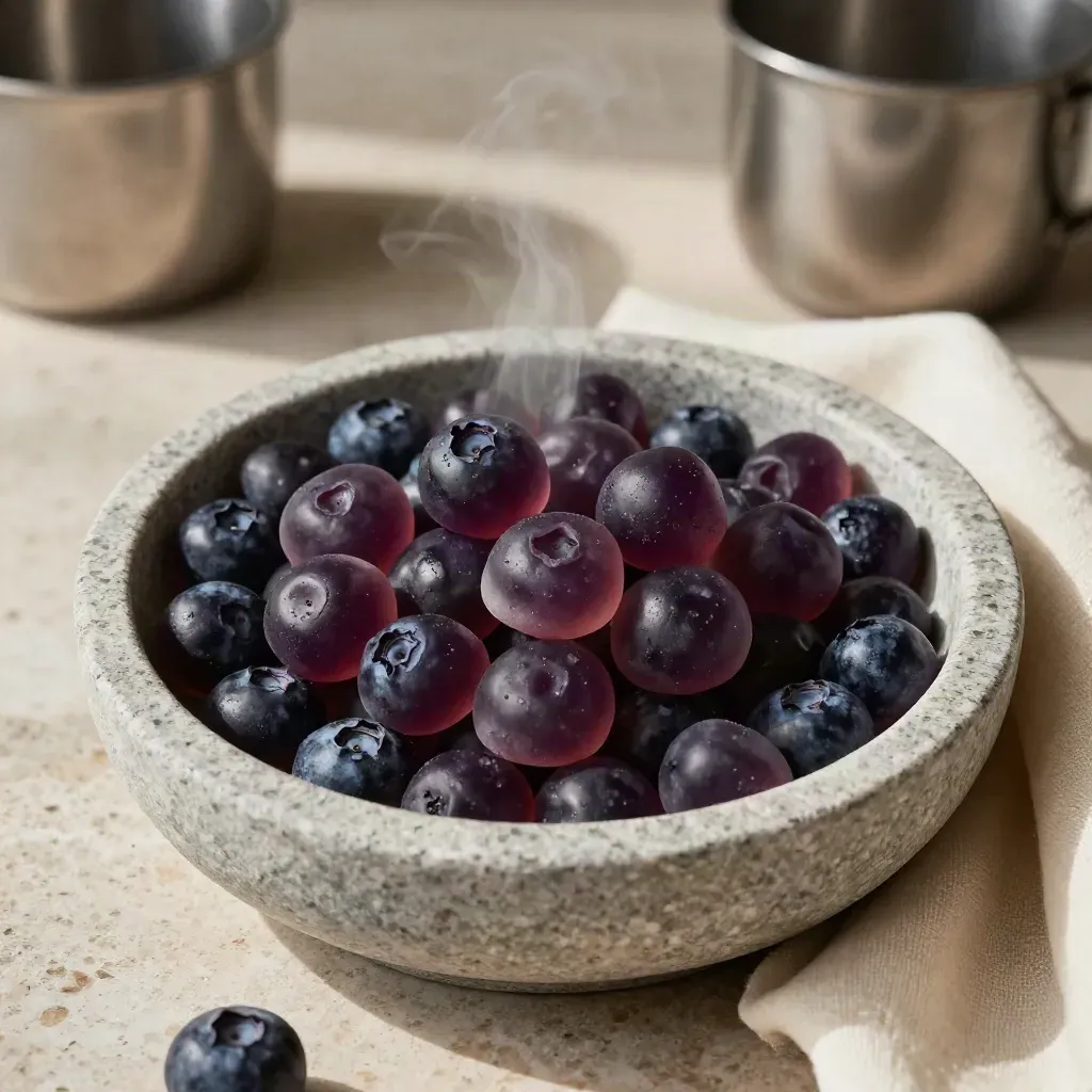 Overhead stone bowl of blueberry gummies with linen square and steaming mug on pale travertine.