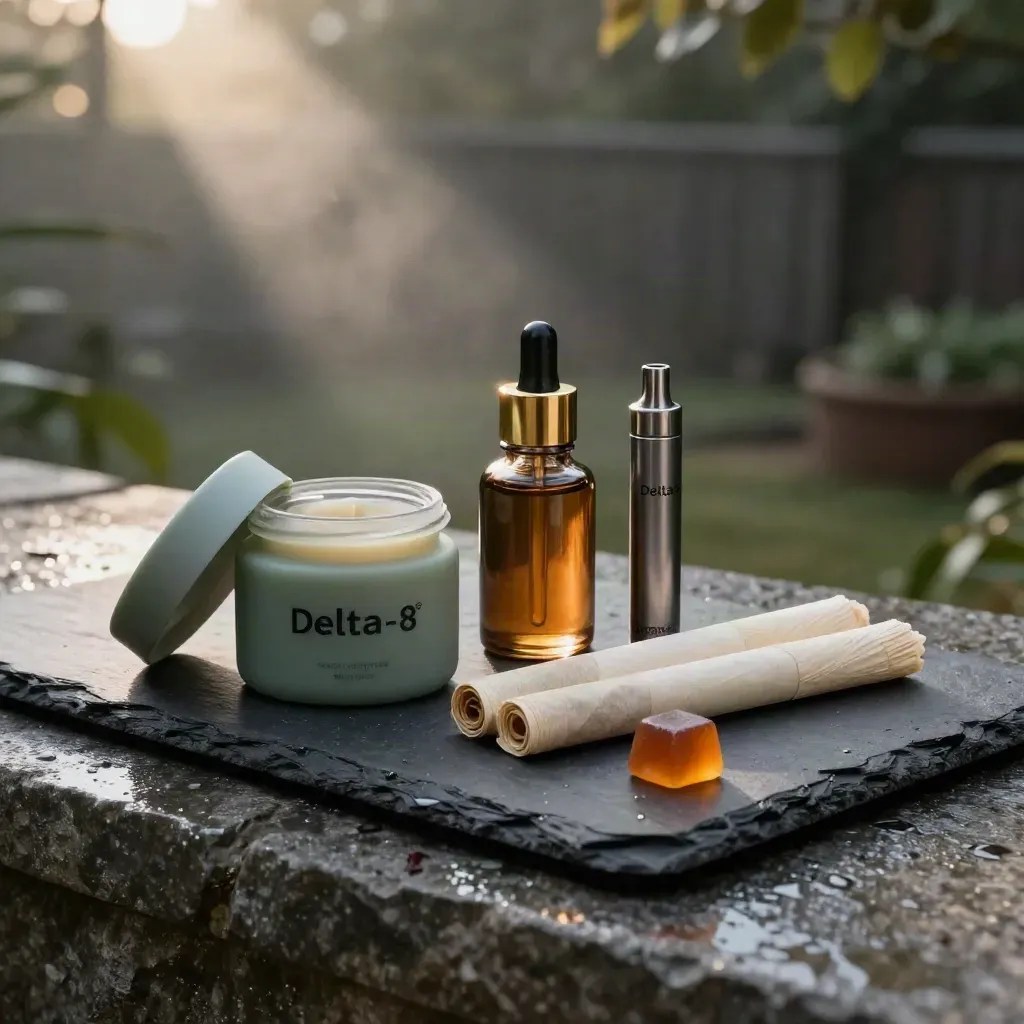 Delta-8 starter set on rain-dark stone with gummy, tincture, vape cartridge, and pre-roll tubes