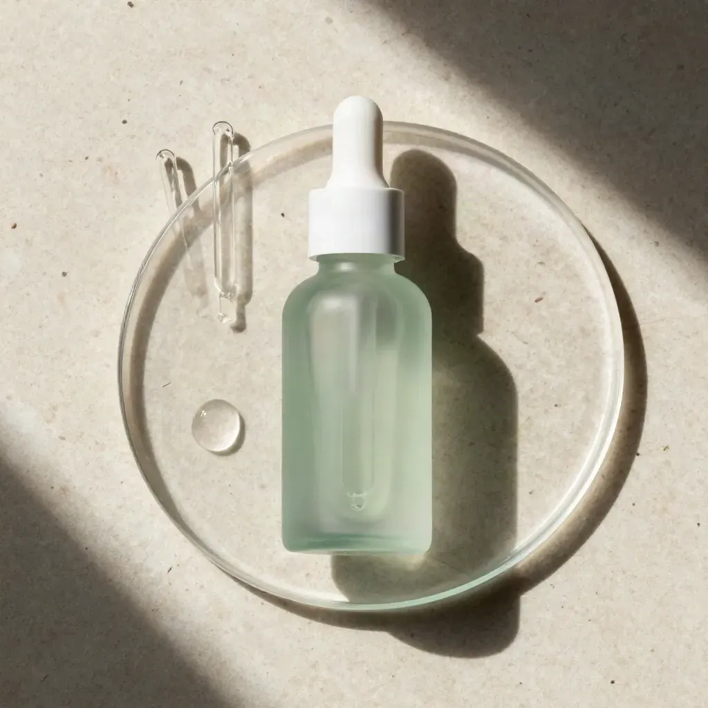 Mint tincture bottle, two glass droppers, and a fresh drop in a dish on pale stone.