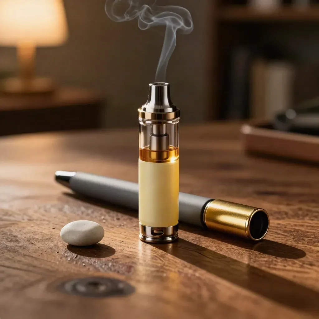 Lemon vape cart, matte pen, brass cap and ceramic pebble on warm wood with smoke haze.