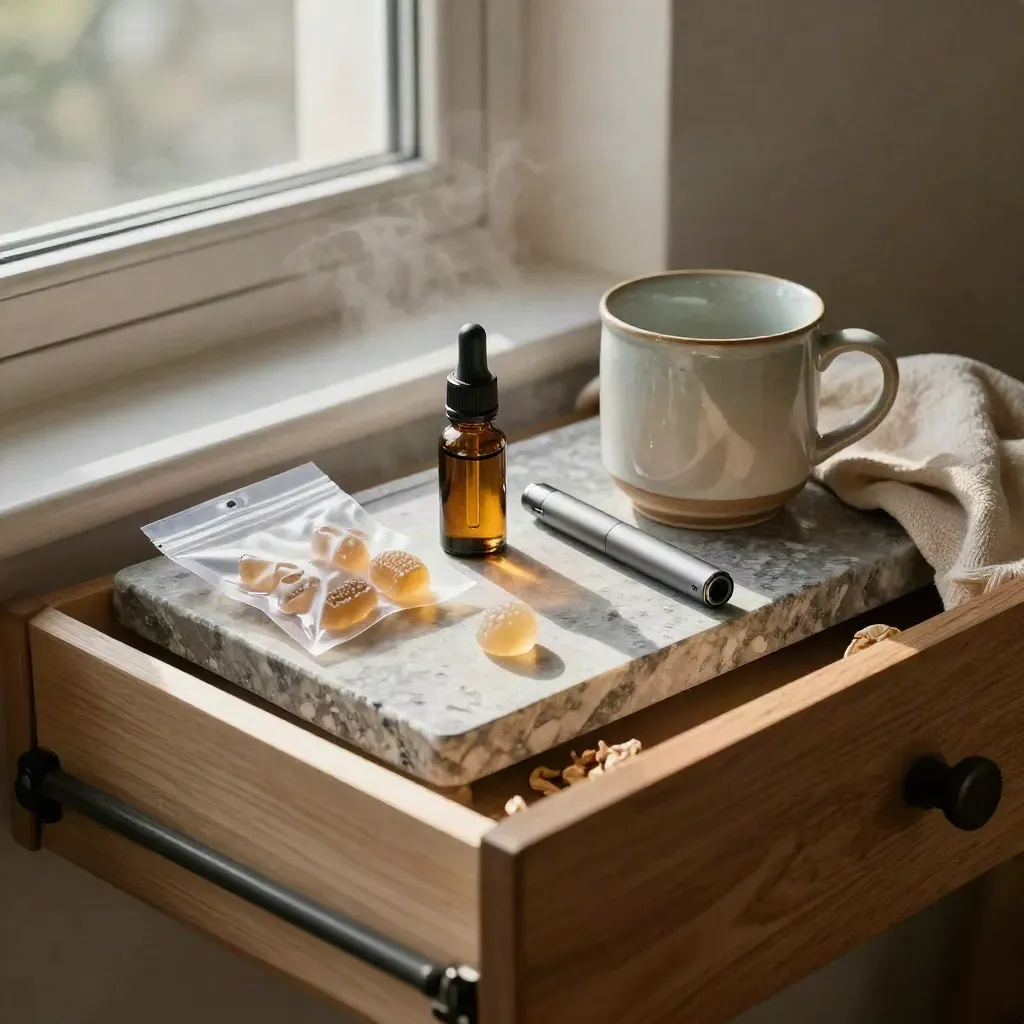 Open drawer with gummies, tincture, and vape items beside a ceramic mug in soft morning light.