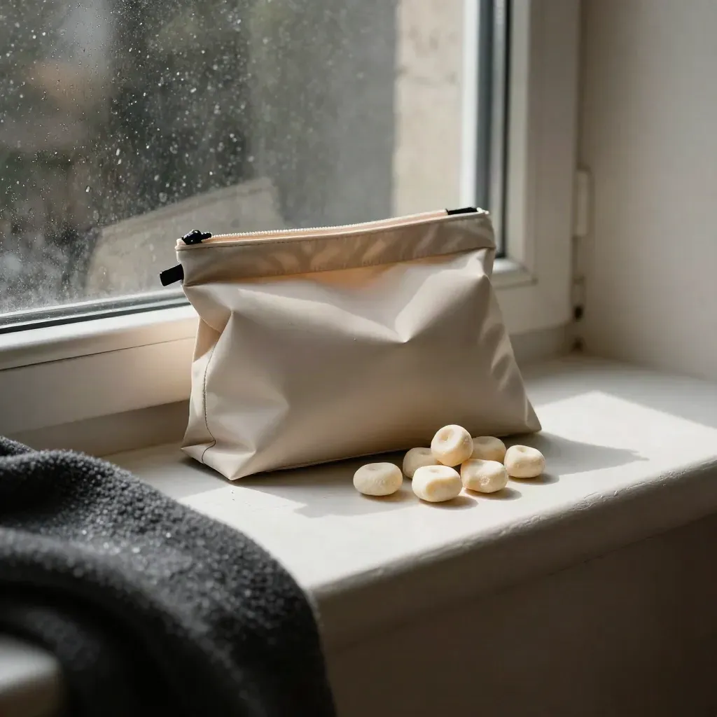 Opened chew pouch with pale chews and a folded throw on a cream ledge by a rain-dark window.