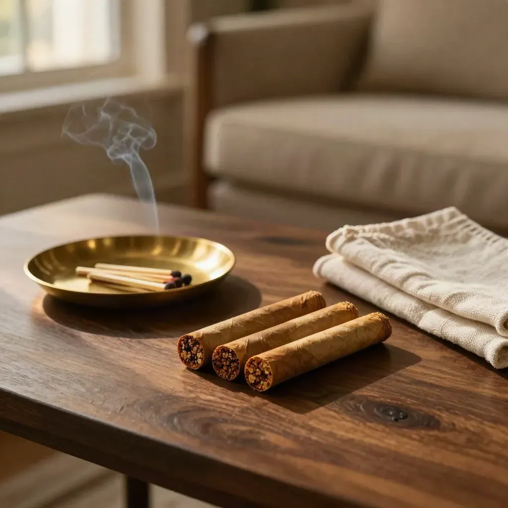 Three pre-rolls, tray, matches, and linen on dark wood with a gold smoke-lit evening glow.