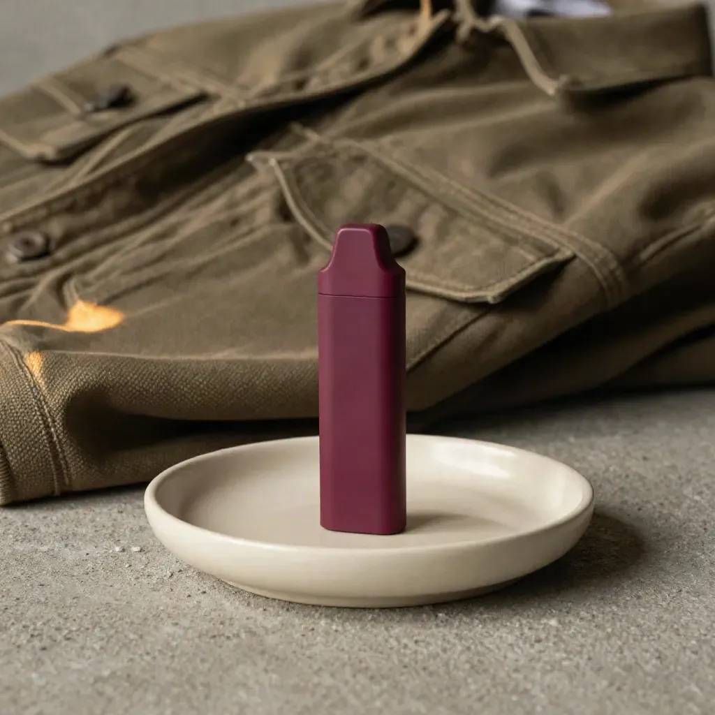 Berry vape beside a cream dish and jacket on brushed concrete, lit by late-afternoon light.