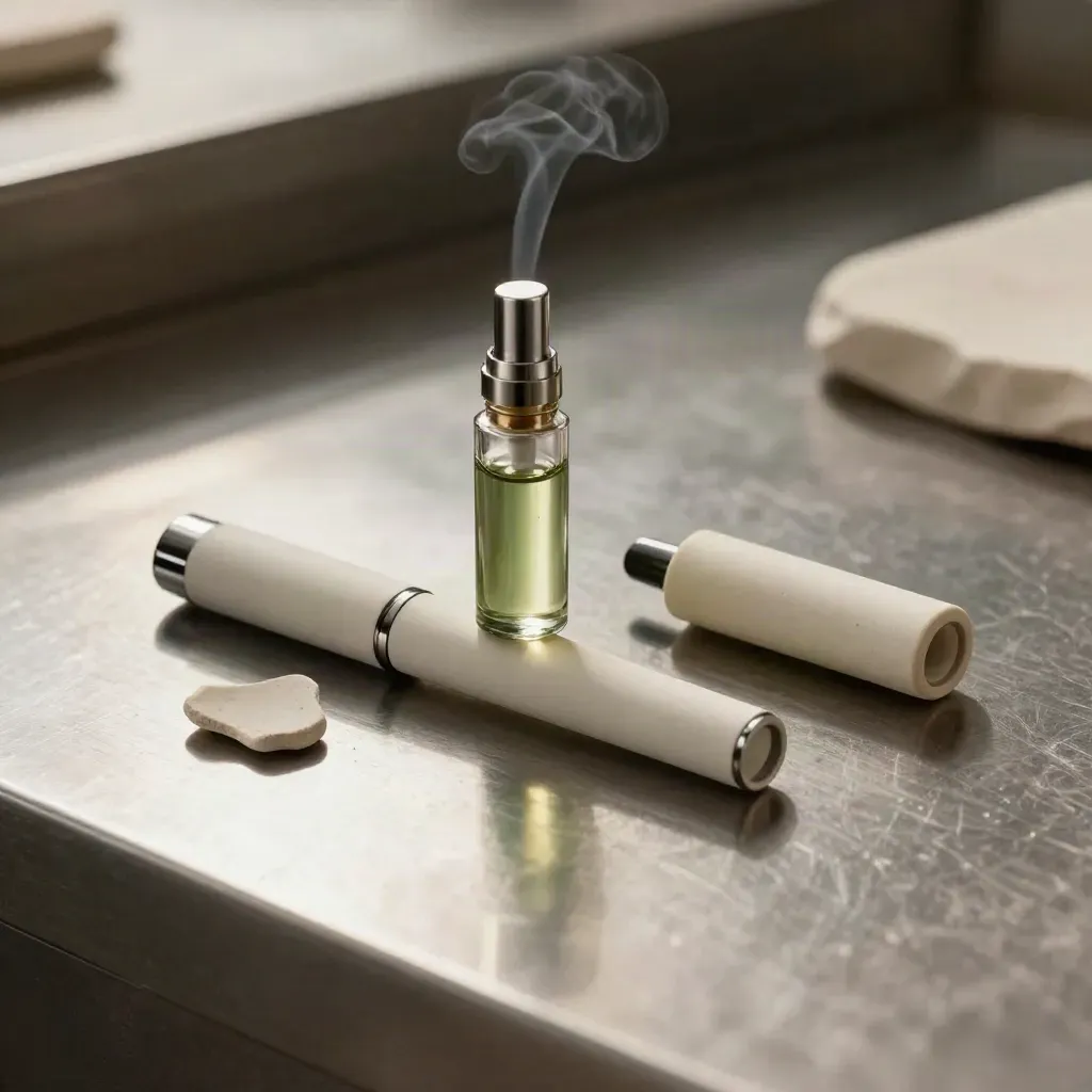 Recapped vape cartridge beside its pen body and a ceramic shard on brushed metal.