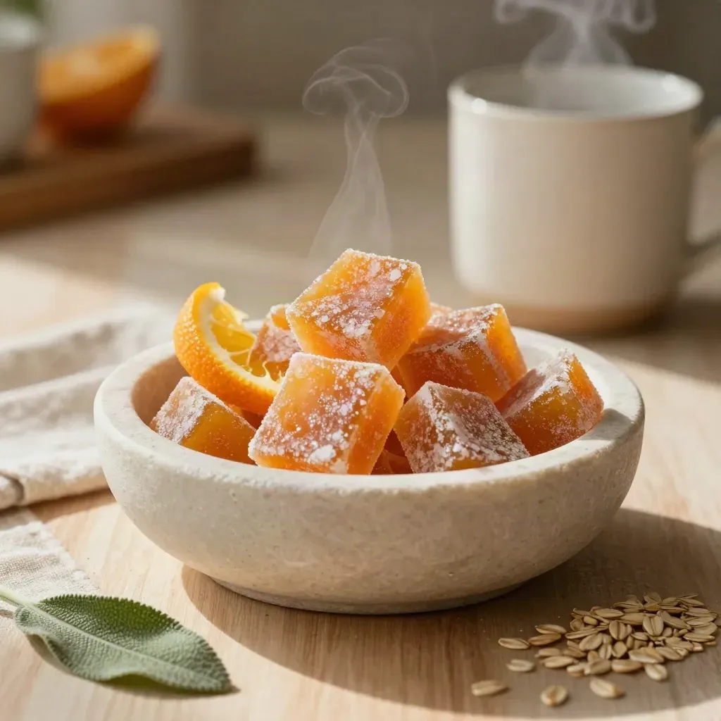 Top-down bowl of citrus chews with rind curl and linen on a warm kitchen surface.