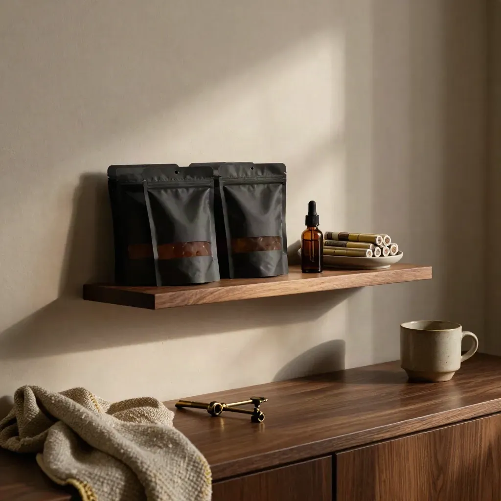 Shelf with gummies, tincture, pre-rolls, throw, and ceramic cup in a dim corner