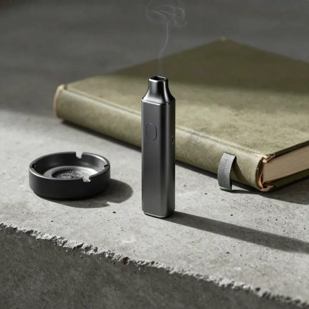 Graphite vape pen, cartridge, dish, and closed notebook on concrete with faint vapor