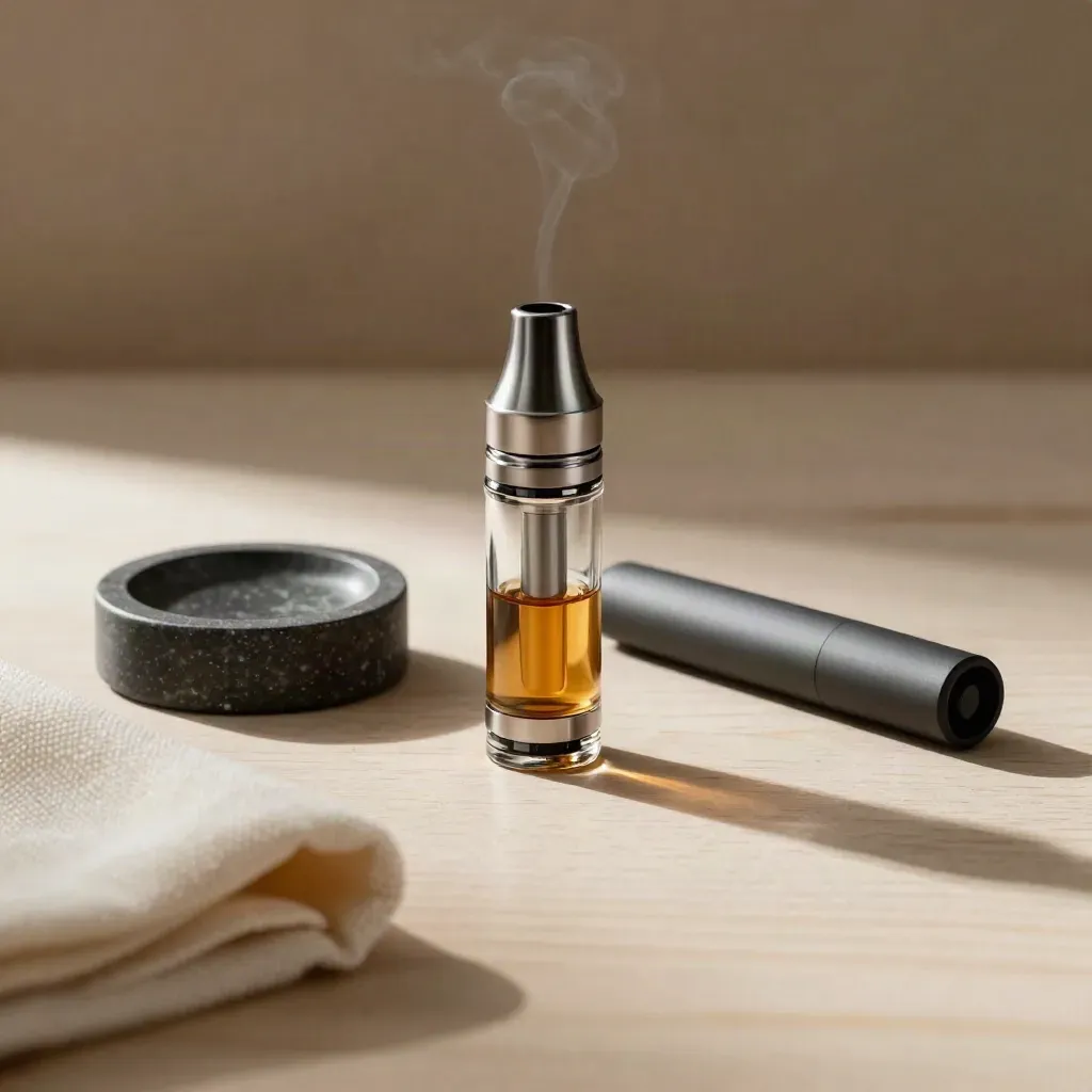Uncapped vape cartridge beside slim pen, stone dish, folded cloth on pale wood
