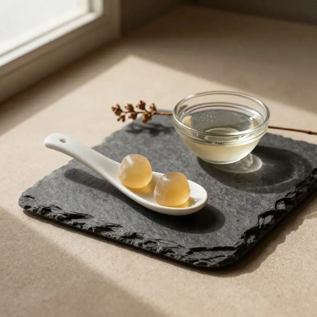 Two gummies with spoon and lidded glass bowl on a stone tray, softly lit.