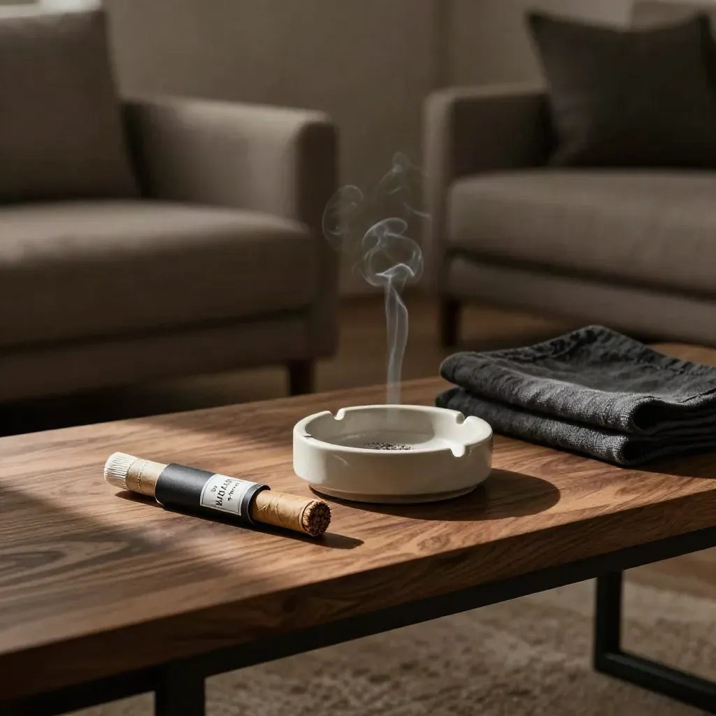 Pre-roll tubes, ceramic ashtray, and folded linen on a low bench in dim cinematic light.
