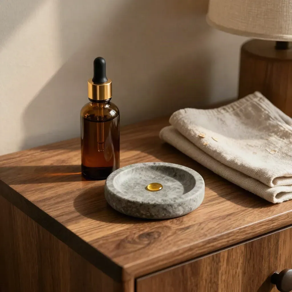 Tincture bottle, dropper, and stone dish on a bedside console, with one golden drop mid-moment.
