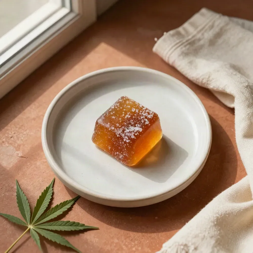 Amber gummy cube on ceramic dish with hemp sprig and folded cloth, overhead on warm plaster.