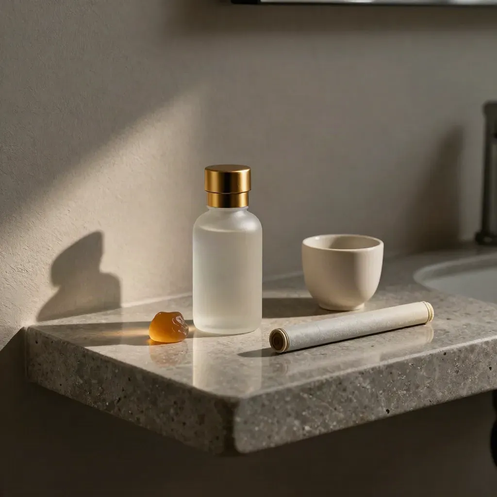 Tincture bottle, gummy, pre-roll tube and ceramic cup on a stone shelf.